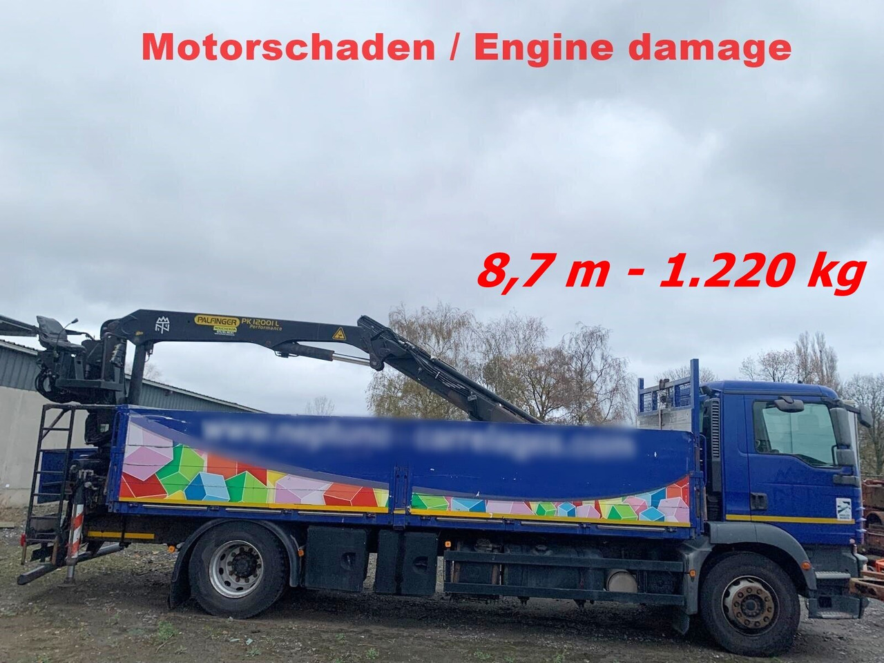 MAN TGM 18.290 4x2 BL mit MOTORSCHADEN! TGM 18.290 4x2 BL, Heckkran Palfinger PK12001L, MOTORSCHADEN! - Auto s hydraulickou rukou, Valníkový/ Plošinový nákladný automobil: obrázok 1 MAN TGM 18.290 4x2 BL mit MOTORSCHADEN! TGM 18.290 4x2 BL, Heckkran Palfinger PK12001L, MOTORSCHADEN! - Auto s hydraulickou rukou, Valníkový/ Plošinový nákladný automobil: obrázok 1