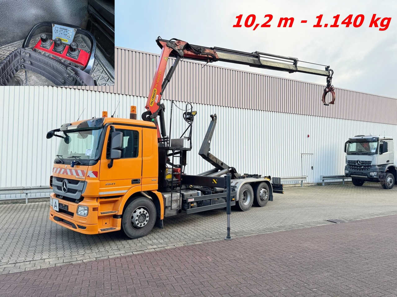 Mercedes-Benz Actros 2541 L 6x2 Actros 2541 L 6x2, Lenkachse, Meiller RK 20.65, Kran Palfinger PK 14002-EH, Funk - Hákový nosič kontajnerov, Auto s hydraulickou rukou: obrázok 1 Mercedes-Benz Actros 2541 L 6x2 Actros 2541 L 6x2, Lenkachse, Meiller RK 20.65, Kran Palfinger PK 14002-EH, Funk - Hákový nosič kontajnerov, Auto s hydraulickou rukou: obrázok 1