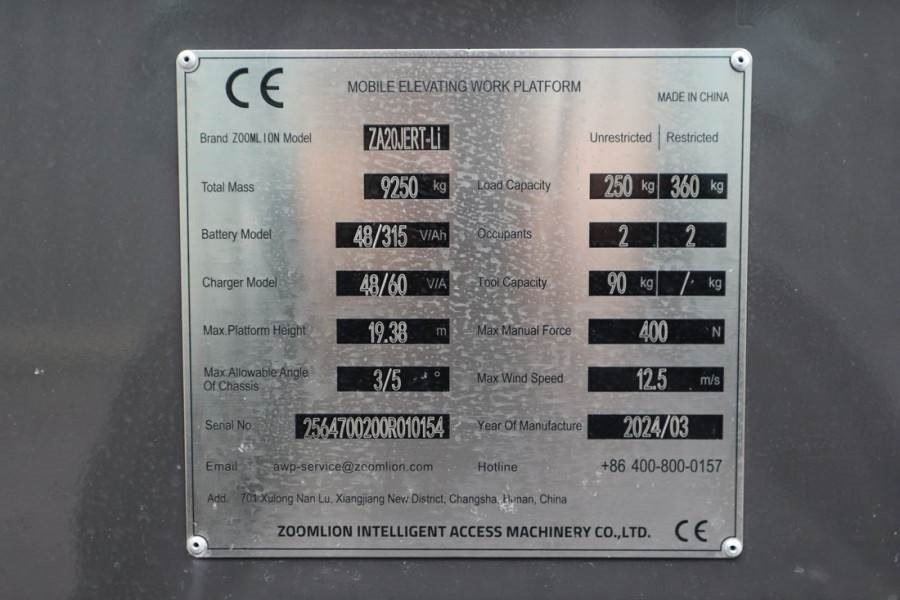 Kĺbová pracovná plošina Zoomlion ZA20JERT-LI Fully Electric Lithium-Powered, 4x4 Ro: obrázok 6