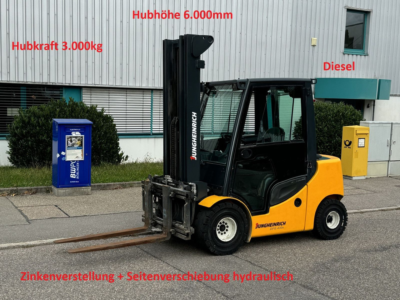 Jungheinrich DFG 430s 600DZ 3t Triplex 6m Zinkenverst. Seiten - Dieselový vysokozdvižný vozík: obrázok 1 Jungheinrich DFG 430s 600DZ 3t Triplex 6m Zinkenverst. Seiten - Dieselový vysokozdvižný vozík: obrázok 1