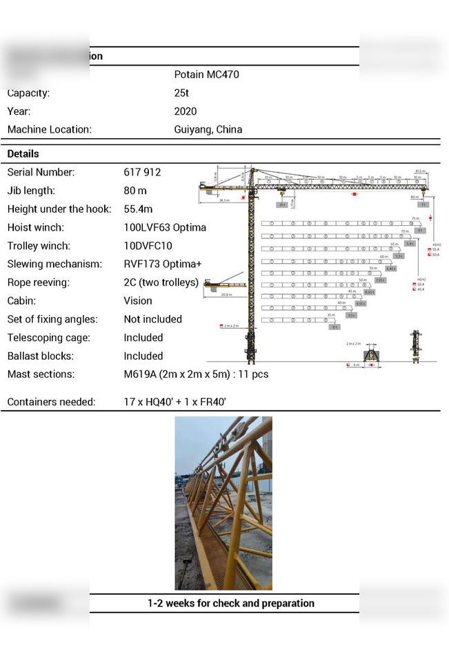 2020 POTAIN MC470 - Vežový žeriav: obrázok 1 2020 POTAIN MC470 - Vežový žeriav: obrázok 1