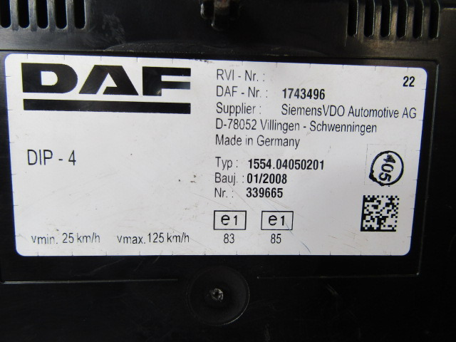 DAF XF 105 CLOCK CLUSTER P/NO 1743496 - Elektrický systém pre Nákladné auto: obrázok 2 DAF XF 105 CLOCK CLUSTER P/NO 1743496 - Elektrický systém pre Nákladné auto: obrázok 2