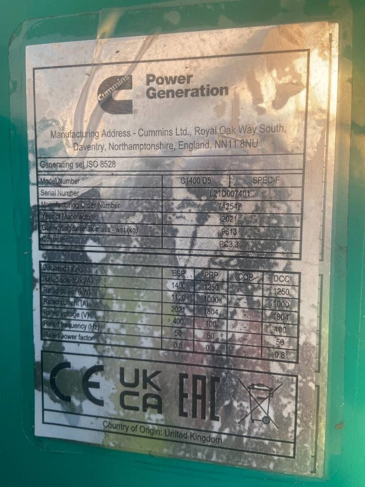 Cummins C1400D5 - 1.400 kVA Generator - DPX-18532-O - Elektrický generátor: obrázok 3 Cummins C1400D5 - 1.400 kVA Generator - DPX-18532-O - Elektrický generátor: obrázok 3