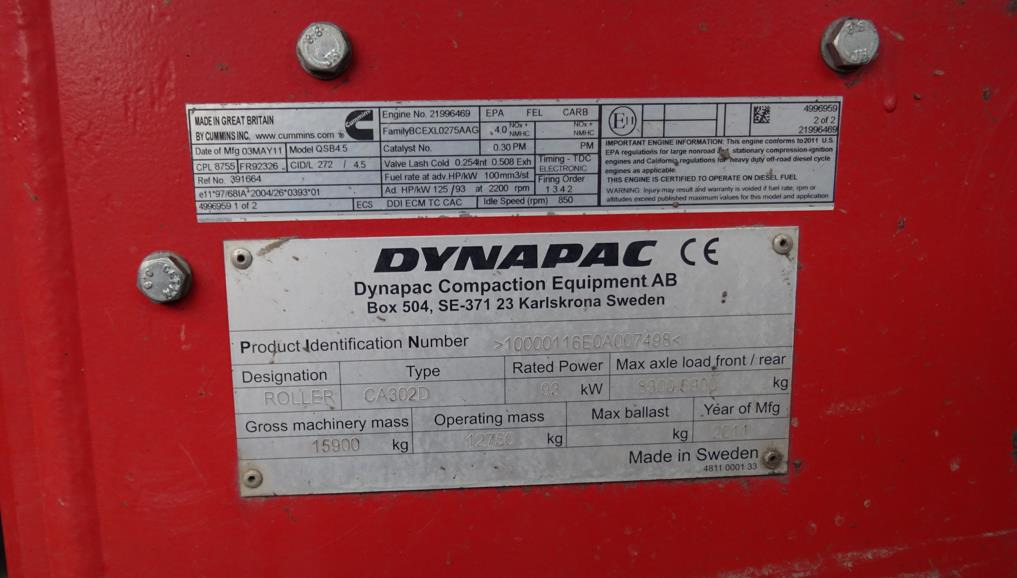Walec DYNAPAC CA 302D 2011 - 3393 mth - CE - 15,9t - Valec: obrázok 5 Walec DYNAPAC CA 302D 2011 - 3393 mth - CE - 15,9t - Valec: obrázok 5