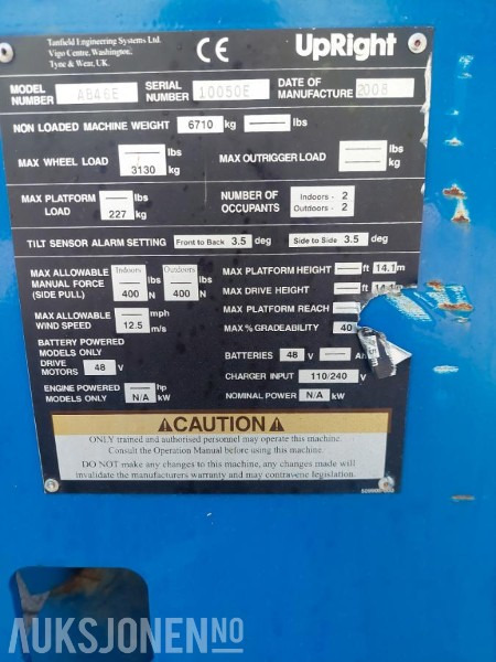 2008 UpRight AB46E bomlift med knekkarm - Arbeidshøyde 16,1 m. - Vekt: 6 700 kg - Timer: 217! - Pracovná plošina: obrázok 5 2008 UpRight AB46E bomlift med knekkarm - Arbeidshøyde 16,1 m. - Vekt: 6 700 kg - Timer: 217! - Pracovná plošina: obrázok 5
