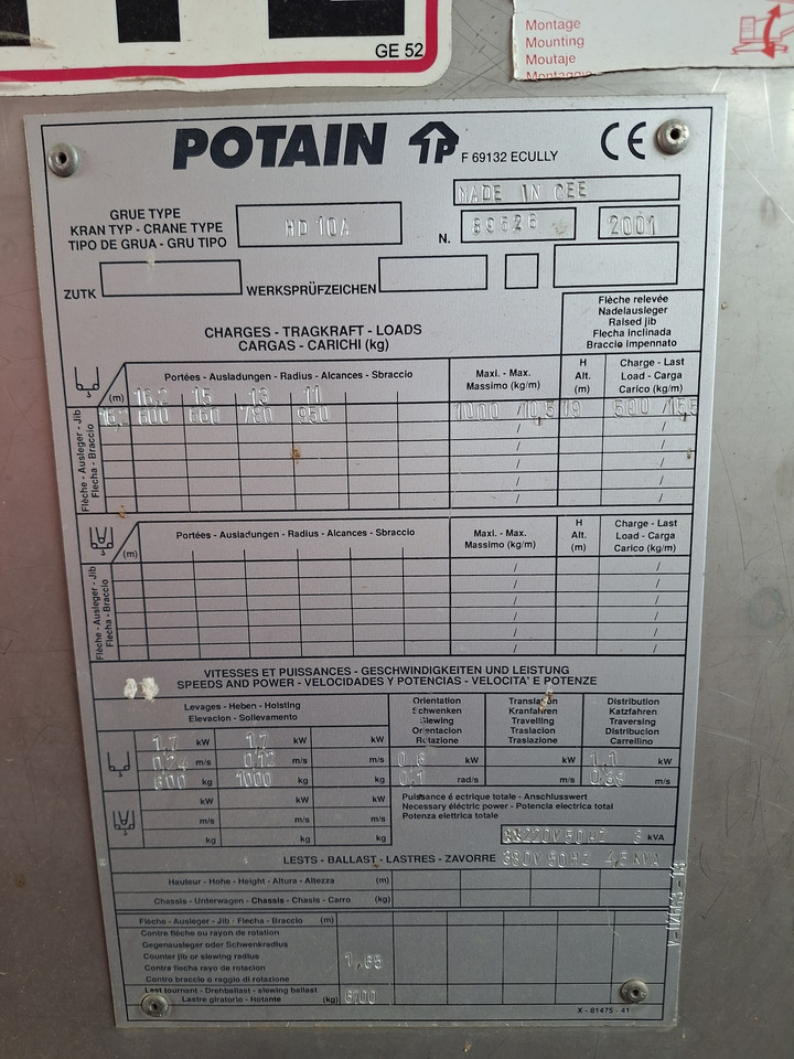POTAIN HD10A - Rýchlostaviteľný žeriav: obrázok 2 POTAIN HD10A - Rýchlostaviteľný žeriav: obrázok 2