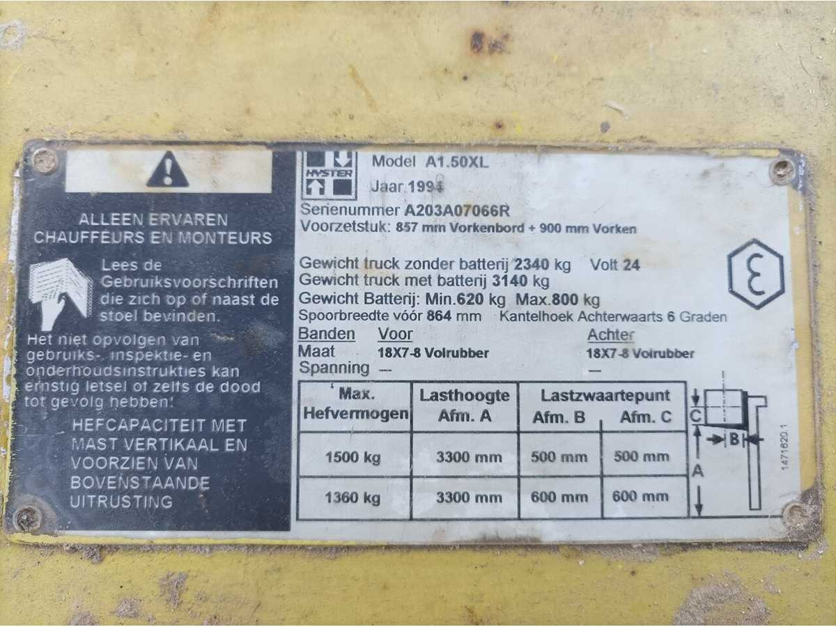1994 HYSTER A1.50XL FORKLIFT TRUCK - Vysokozdvižný vozík: obrázok 4 1994 HYSTER A1.50XL FORKLIFT TRUCK - Vysokozdvižný vozík: obrázok 4