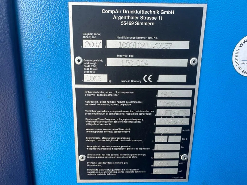 Compair L50 - 10A 45 kW 7.55 m3 / min 10 Bar Elektrische Schroefcompressor - Vzduchový kompresor: obrázok 2 Compair L50 - 10A 45 kW 7.55 m3 / min 10 Bar Elektrische Schroefcompressor - Vzduchový kompresor: obrázok 2