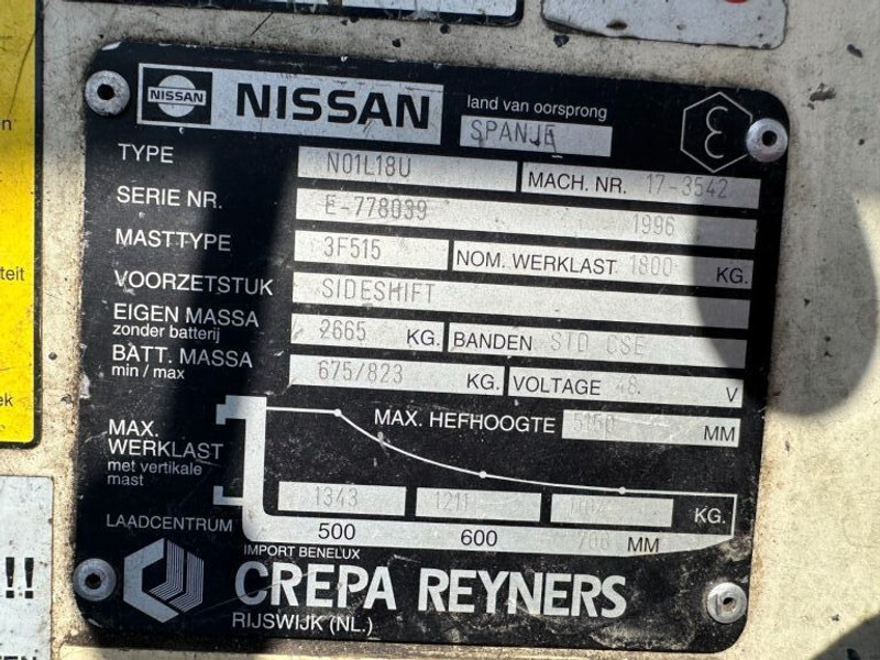 Nissan N01L18U 1.8 ton Triplex Freelift Sideshift Elektra Heftruck Accu 2016 ! - Elektrický vysokozdvižný vozík: obrázok 3 Nissan N01L18U 1.8 ton Triplex Freelift Sideshift Elektra Heftruck Accu 2016 ! - Elektrický vysokozdvižný vozík: obrázok 3