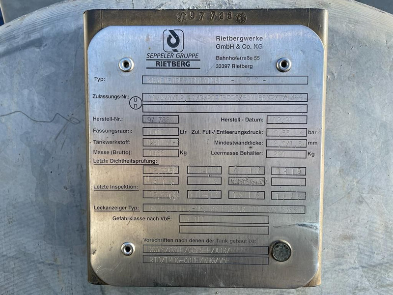 Dieseltank Rietberg 1000 liter Dieseltank Gegalvaniseerd IBC met keuring ! - Skladovacia nádrž: obrázok 3 Dieseltank Rietberg 1000 liter Dieseltank Gegalvaniseerd IBC met keuring ! - Skladovacia nádrž: obrázok 3